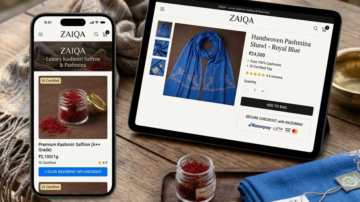 Luxury Kashmiri e-commerce store interface selling certified saffron and handwoven pashmina shawls