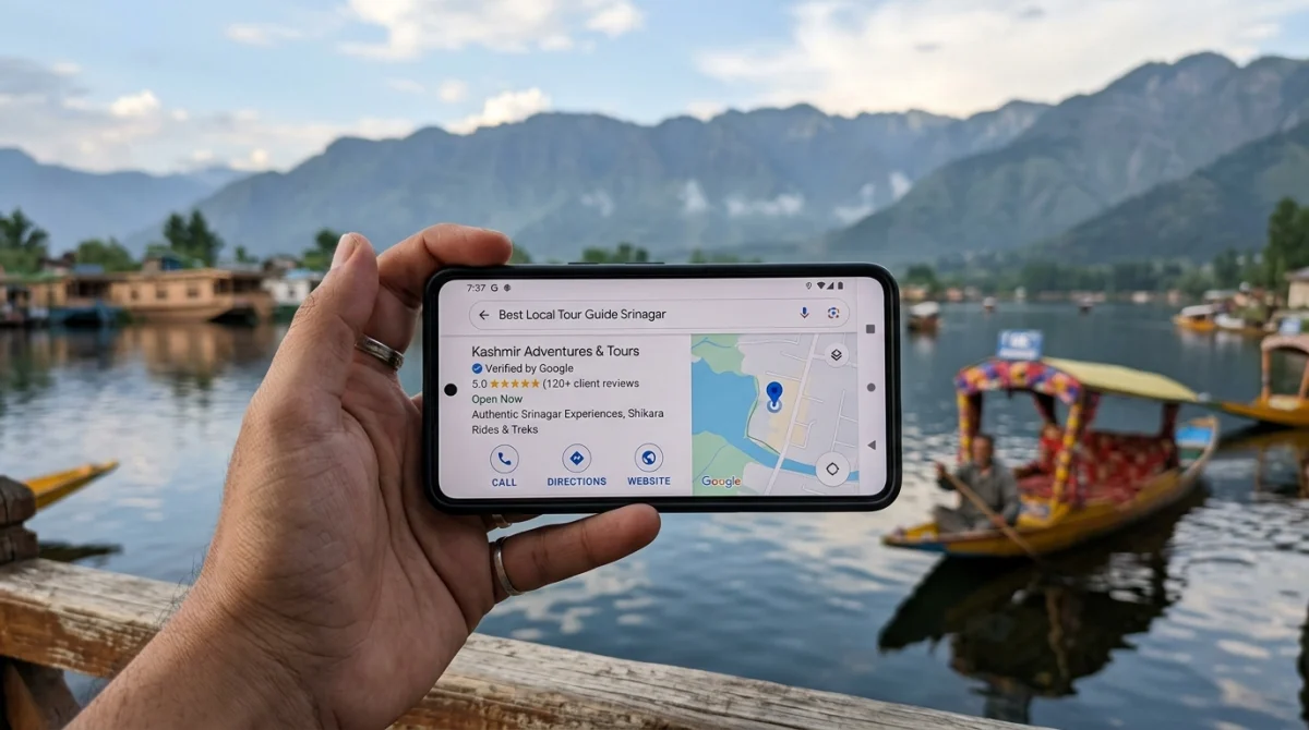 Smartphone displaying verified 5-star Google Business Profile in Srinagar Kashmir