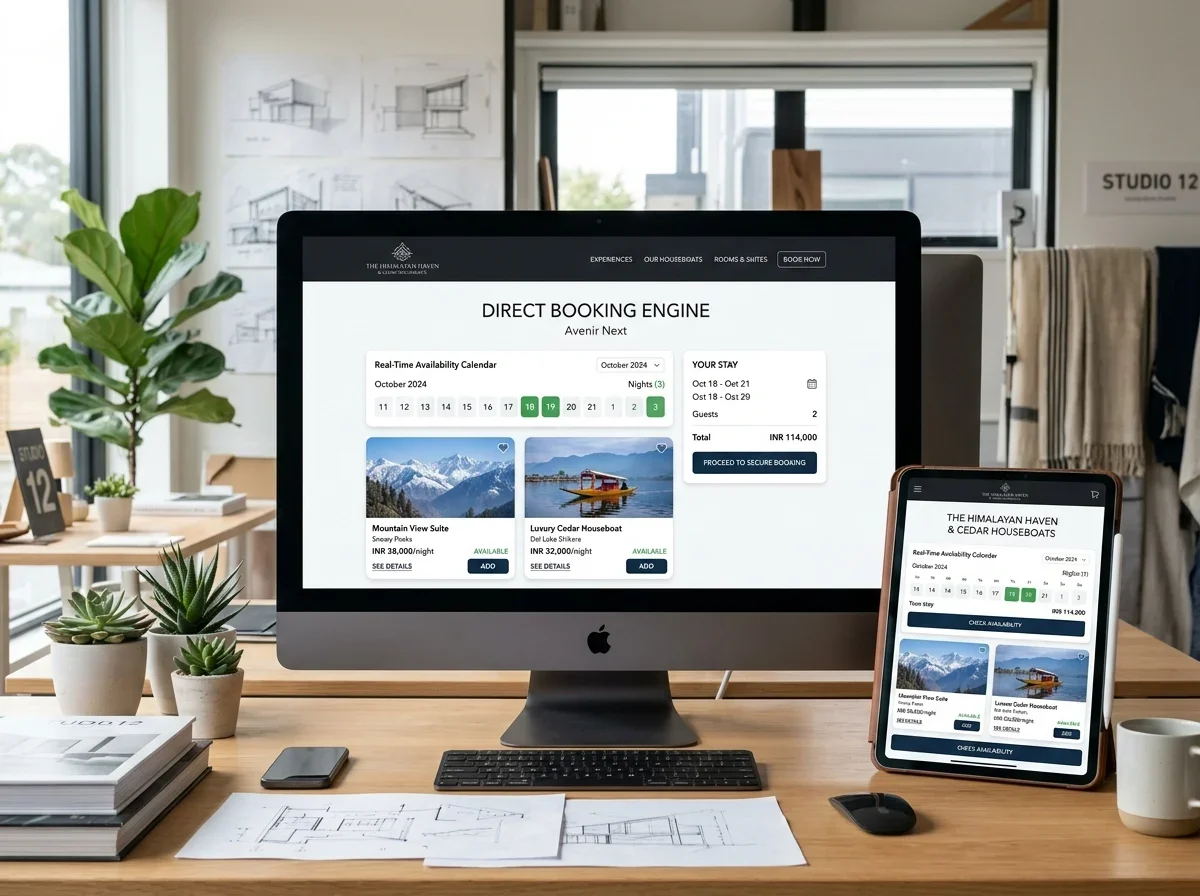 Hotel booking engine website interface designed for Kashmir resorts and houseboats