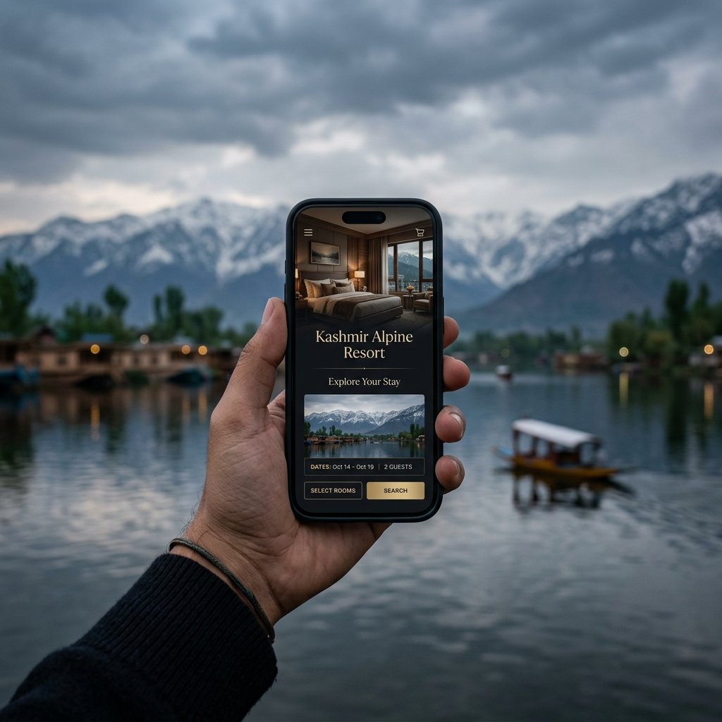 Mobile-friendly website Kashmir — smartphone showing luxury hotel booking site against scenic Kashmiri landscape