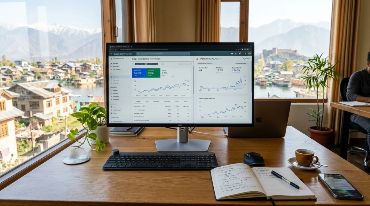 Studio monitor overlooking Srinagar mountains displaying Google Search Console and Analytics organic traffic growth for Kashmir businesses