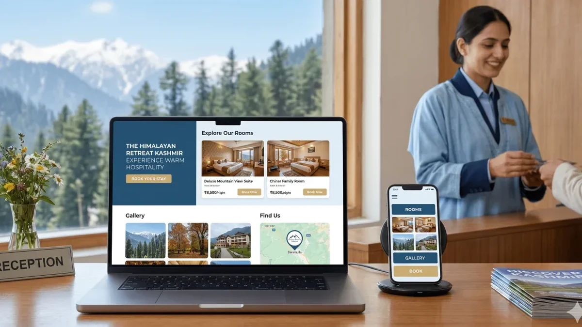Contemporary Srinagar travel agency desk overlooking Dal Lake with tour package booking engine on screen