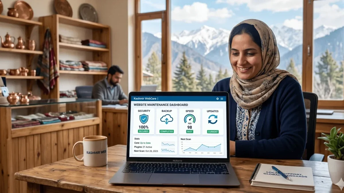 Developer workstation in Srinagar with Chrome DevTools waterfall charts and 100/100 Google Lighthouse score on screen