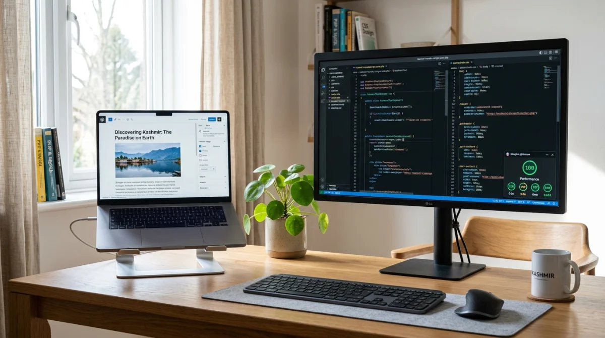 WordPress vs Handcrafted Custom PHP Website comparison on studio monitors