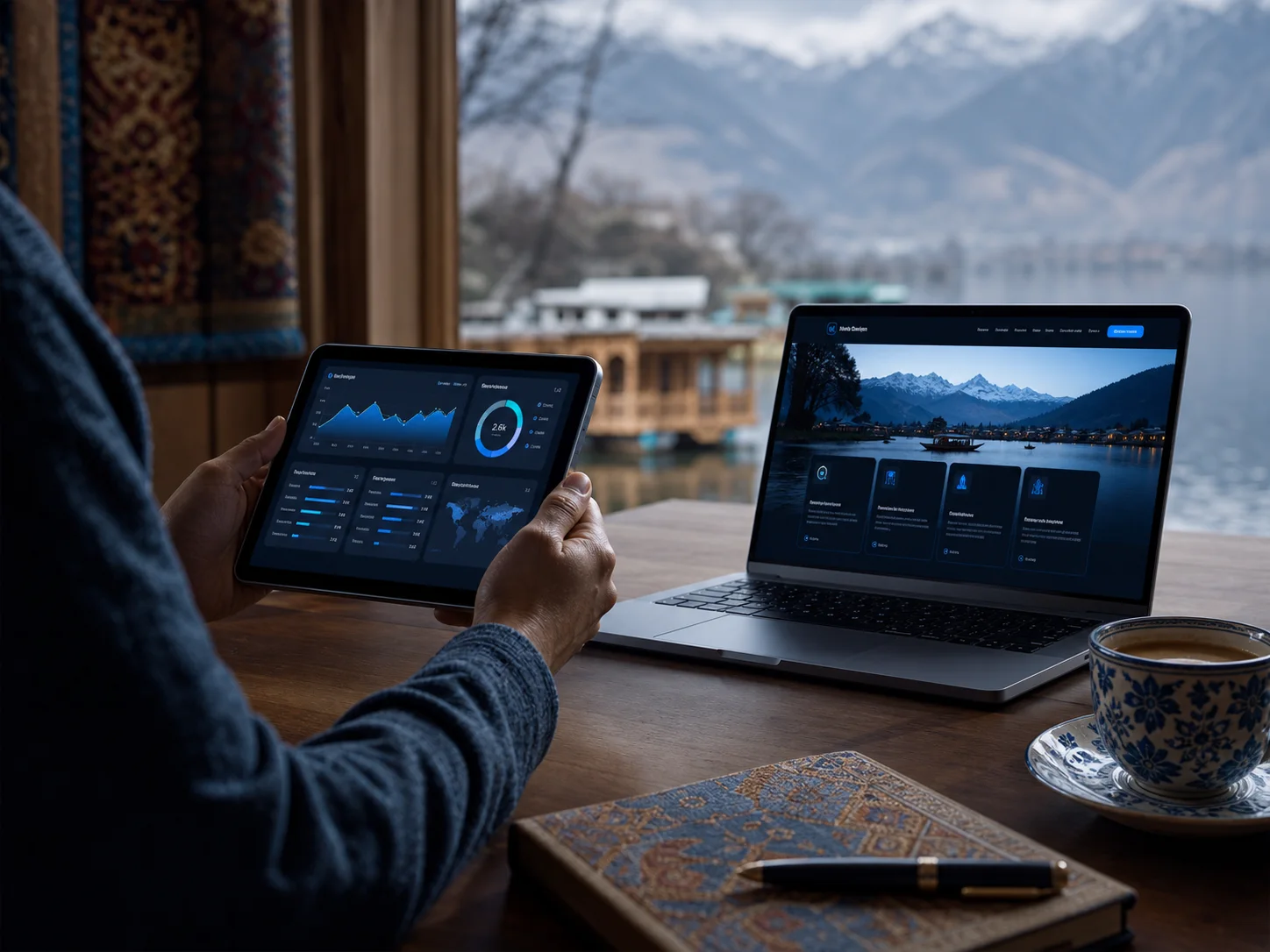 Kashmir business owner reviewing website analytics on a tablet beside a laptop