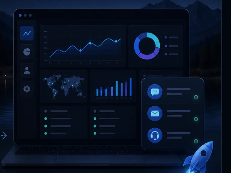 Website launch dashboard and support workflow mockup