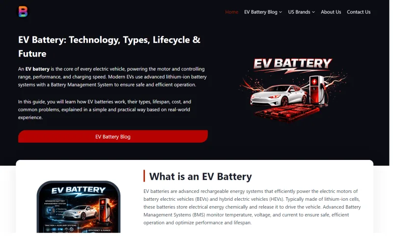 Screenshot of the EV Battery Guide live website