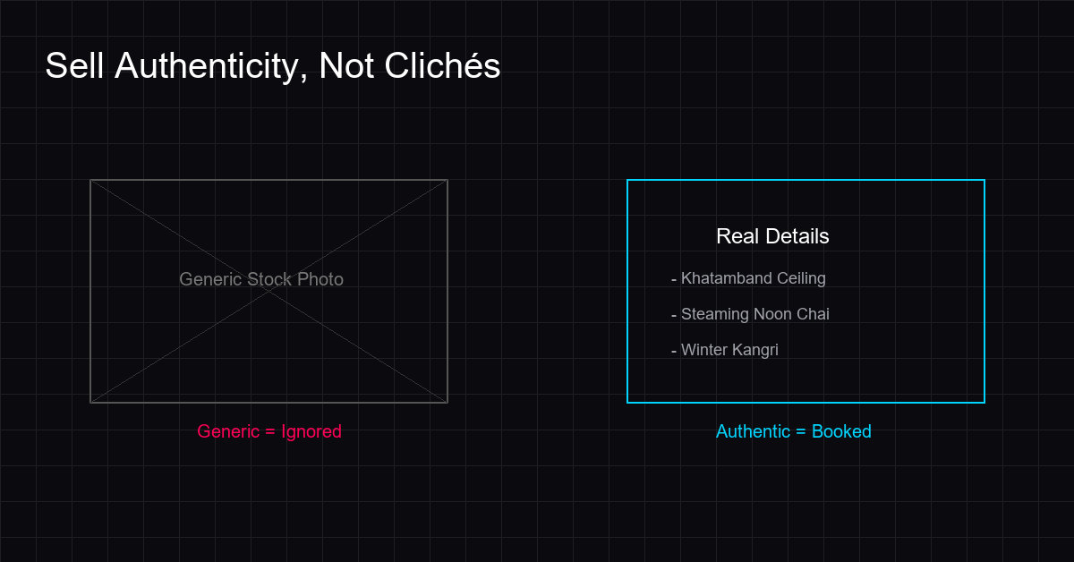 Authentic hotel imagery showing local details vs generic stock photos