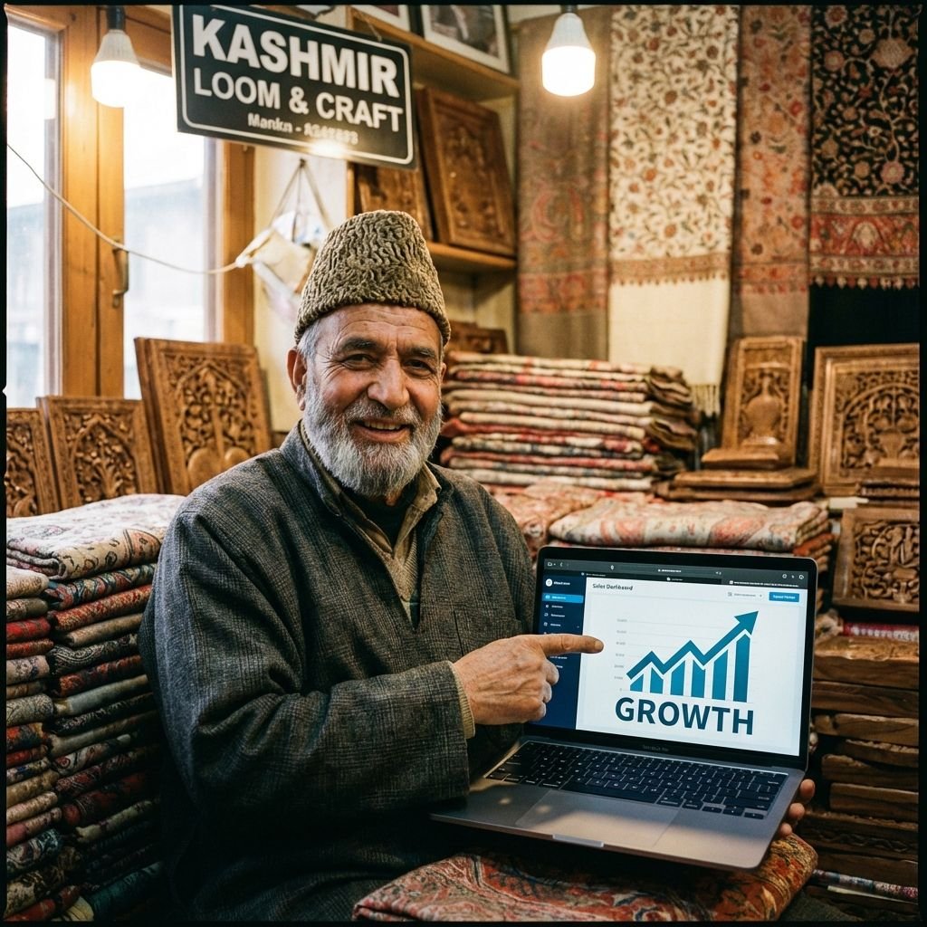Business growth chart rising above a map of Kashmir