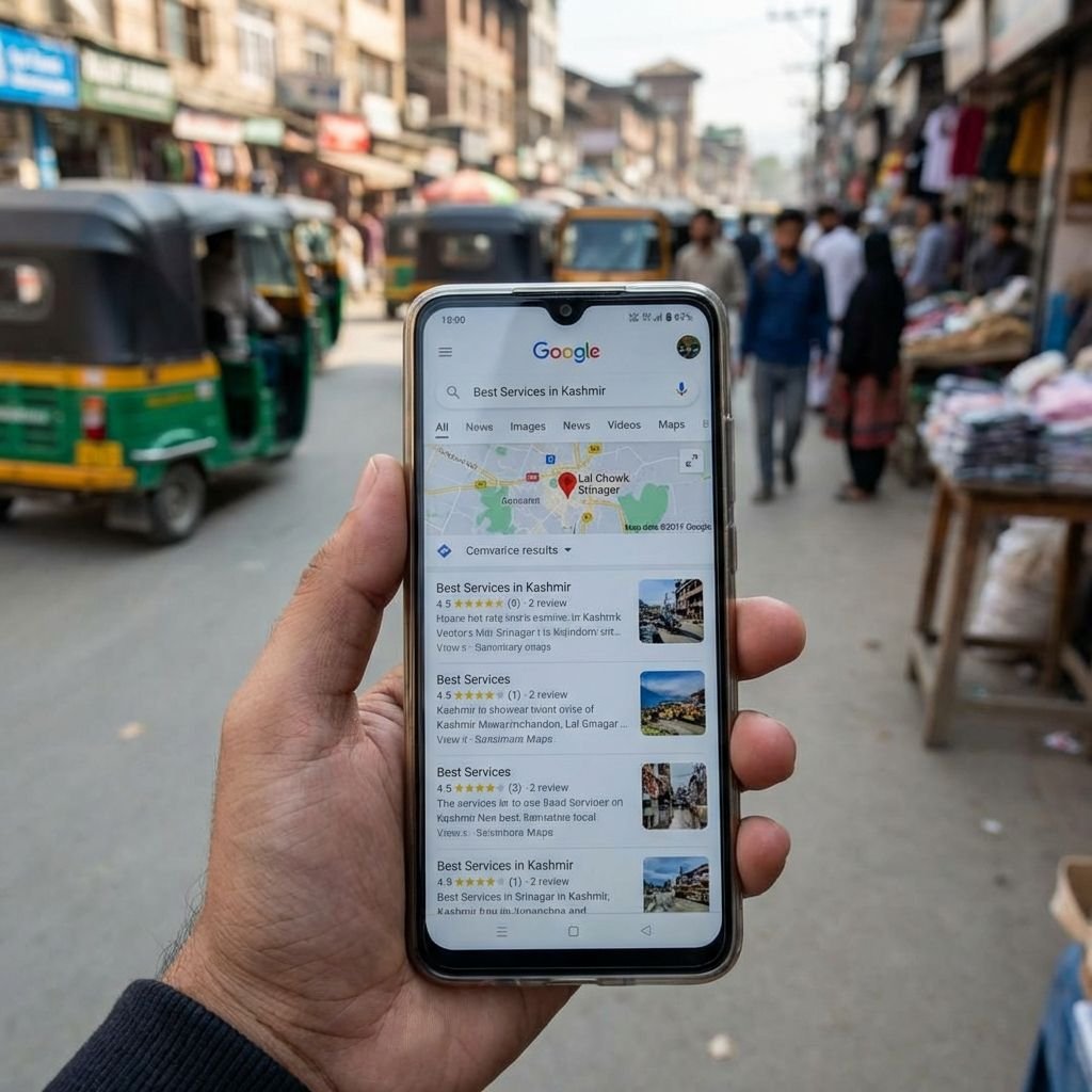 Person performing a local search on a smartphone in Kashmir