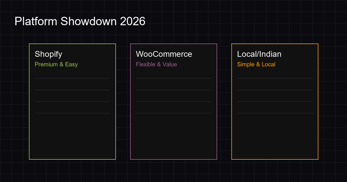 Comparision chart between Shopify, WooCommerce and Local platforms