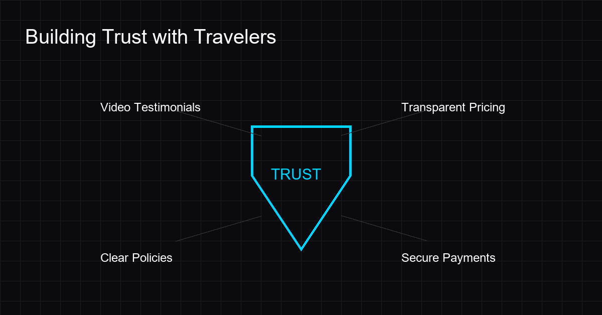 Trust factors for travel websites including testimonials and secure payments