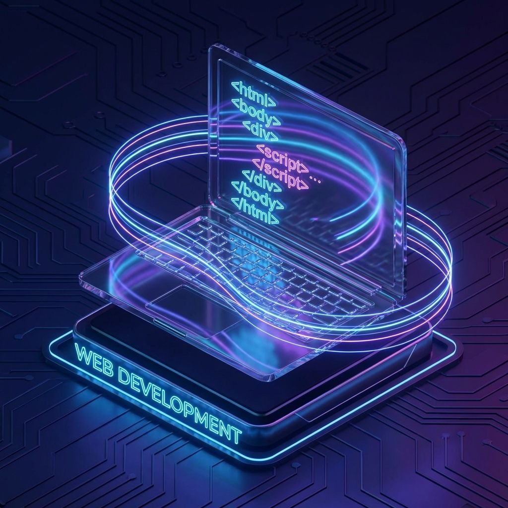 Laptop screen displaying code editor and responsive web design layout